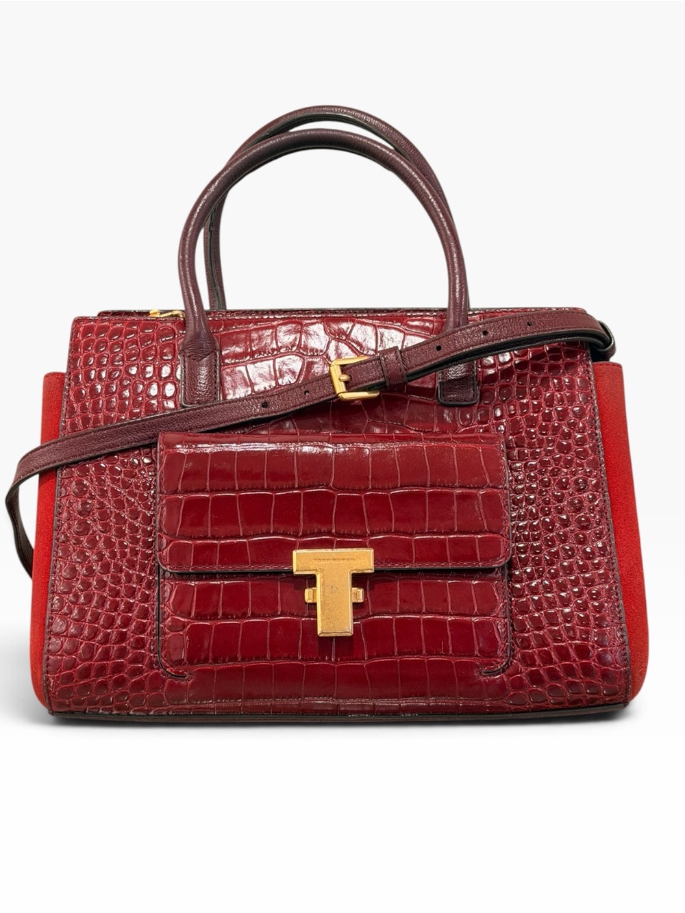 Tory Burch Croc-Embossed Juliette Satchel Bag Burgundy/Red Mixed Media